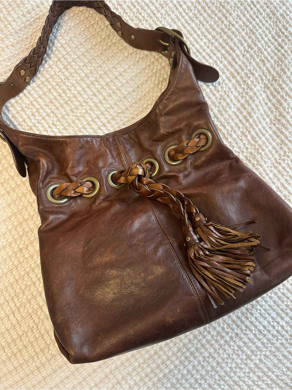 Brown Leather Braided Tassel Buckle Shoulder Tote Bag